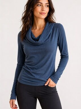 DEHA Italy Blue Cowl Neck Long Sleeve Top Size L Athleisure Draped